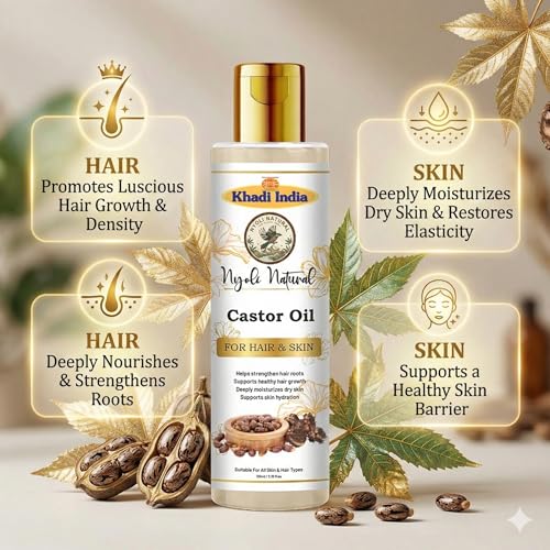 Image of Khadi Nyoli Natural Cold Pressed Castor Oil for Hair & Skin 100ML | Pure Cold-Pressed Hair Growth Oil | Helps Reduce Hair Fall, Strengthens Hair, Nourishes Scalp, Supports Eyelash & Eyebrow Growth | Deep Hydration & Skin Care for Men & Women
