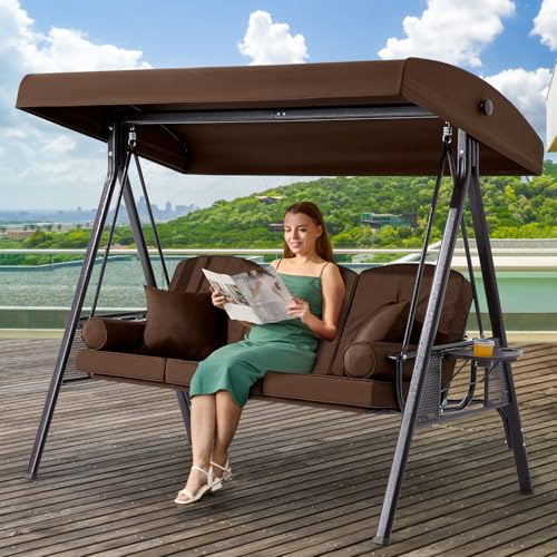 Image of 3 in 1 Outdoor Porch Swing with Canopy, 3 Seat Outdoor Swing for Adults, Patio Swing Chair with Thickened Cushions,Pillows & Cup Holders for Backyard, Porch, Garden (Brown)