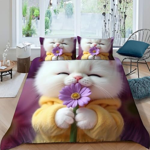 Housse de couette imprimé 3D chat et fleurs grand lit king size