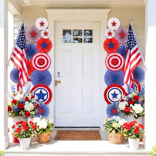 Tinlade 31 Pcs 4th of July Patriotic Decorations Red White Blue Hanging Paper Fans Paper Stars 250 Anniversary Decor for Outdoor Indoor Fourth of July USA Independence Day American Party Supplies