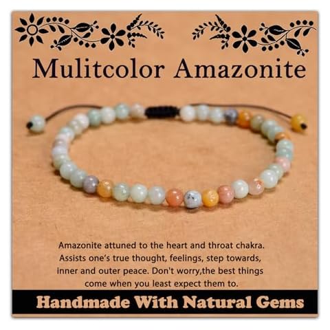 CHCCOYE 4mm Handmade Adjustable Natural Gemstone Crystal Bracelet Healing Power Energy Inspirational Gifts with Card for Unisex (Mulitcolor Amazonite) Cover