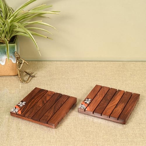 Image of AAKRITI ART CREATIONS Breezey Blossom Coaster | Wooden Coaster Set of 2 | Decorative Coaster Matte Finish | Floral Art Wooden Handcrafted Coasters | Brown Wooden Coaster Set, Hand Painted