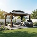 PURPLE LEAF 10' X 14' Hardtop Gazebo with Storage Box Outdoor Wood Grain Aluminum Frame Galvanized Steel Double Roof Gazebos with Netting and Curtains for Patio Deck Backyard Garden