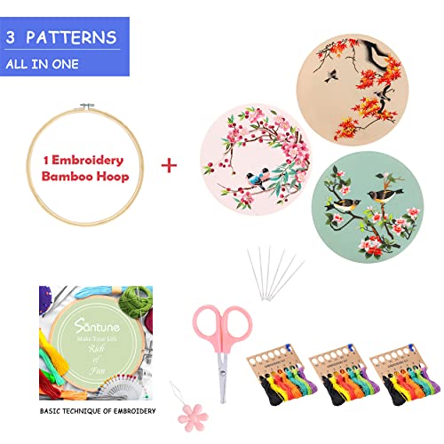 Image of Santune 3 Pack Embroidery Kit for Adults Cross Stitch Kits for Beginners with Bird Patterns,3 Instructions,1 Hoop,Threads and 6 Needles,Hand Needlepoint Sets for Women