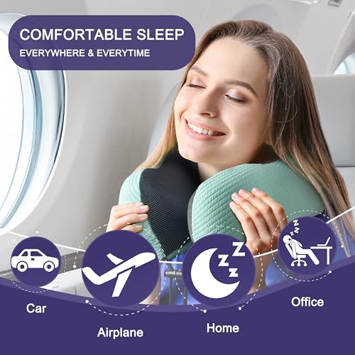 Image of napfun Neck Pillow for Traveling, Upgraded Travel Neck Pillow for Airplane 100% Pure Memory Foam Travel Pillow for Flight Headrest Sleep, Portable Plane Accessories, Turquoise