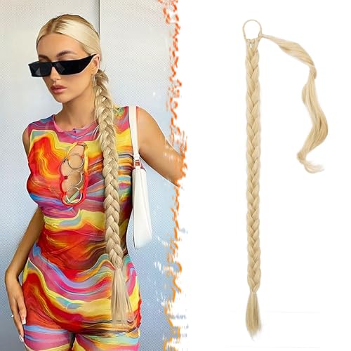 BARSDAR Braid Extensions Pferdeschwanz Haarteil mit Haargummi, 76cm Lang Glattes umwickelter Blond Zopf Hair Extension Pferdeschwanz Verlängerung Synthetik Haarteil für Frauen - Beige Blond Mix