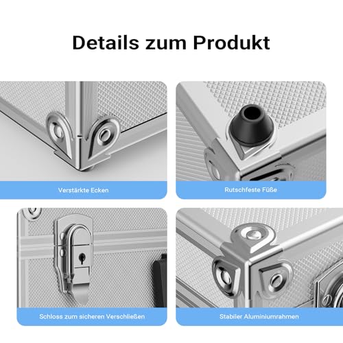 Wiltec Alu Universalkoffer 46x33x15,2 cm, Alubox abschließbar für Aufbewahrung und Transport von Werkzeug, Messgeräten usw., mit Griff und Tragegurt