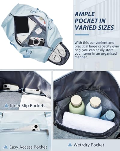 Image of Gym Bag for Women Men with Shoe Compartment,Small Travel Duffle Bags for Traveling Overnight Weekender Bag Personal Item Travel Bag Large Sport Gym Bag Workout Bag Hospital Holdalls Sky Blue