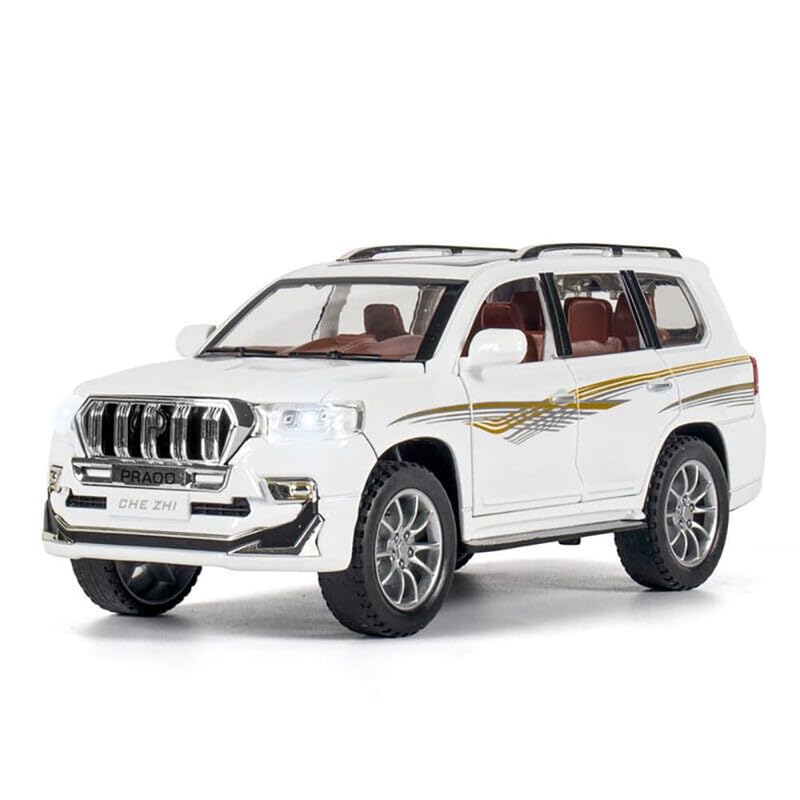 Image of New 1:24 Prado Diecast Alloy Metal Pull Back Car with Openable Doors Music Sound and Light Vehicle Toy Car for Kids Boys (White)