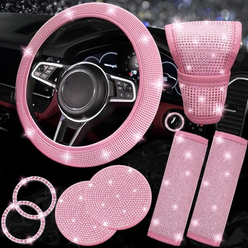 NBTEPEM 8 pcs Pink Bling Car Accessories Set for Women Steering Wheel Cover Sparkly Seat Belt Covers Bling Gear Shift Cover Universal Fit Most Cars (All Pink Diamond)