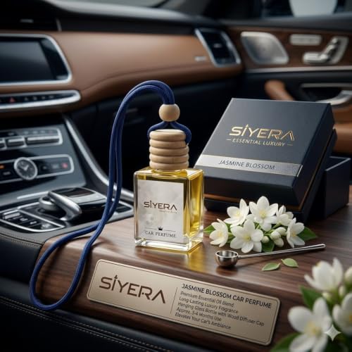 Image of SiYERA Hanging Car Perfume with natural Essential Oils | Car Air Freshener 10ml | Long-Lasting jasmine Aroma upto 45 days | Glass Bottle with Wooden Diffuser Lid