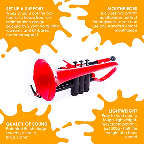 Pinstrument Pcornet Plastic Cornet - Mouthpieces And Carrying Bag - Bb Authentic Sound For Student & Beginner - Durable Abs Construction - Red #TOP4