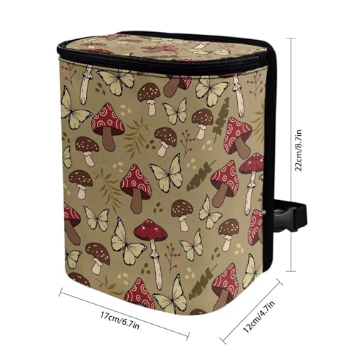 Image of Talayituse Mushroom Butterfly Print Car Trash Can with Lid, Leak Proof Auto Trash Bag Hanging Vehicle Garbage Can Multipurpose Storage Container for Back Seat Road Trip