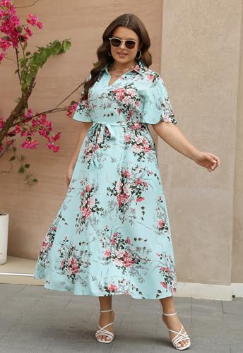 Image of Keluummi Plus Size Wedding Guest Maxi Dresses for Curvy Women, Summer Casual Floral 3 /4 Sleeve Party Wrap Dress with Pockets