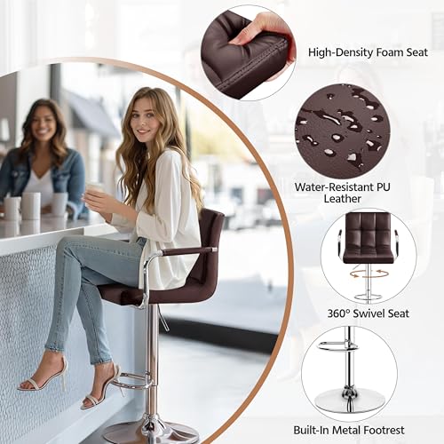 Image of Yaheetech Bar Stools Set of 2, Swivel with Backs, Adjustable Height, Brown