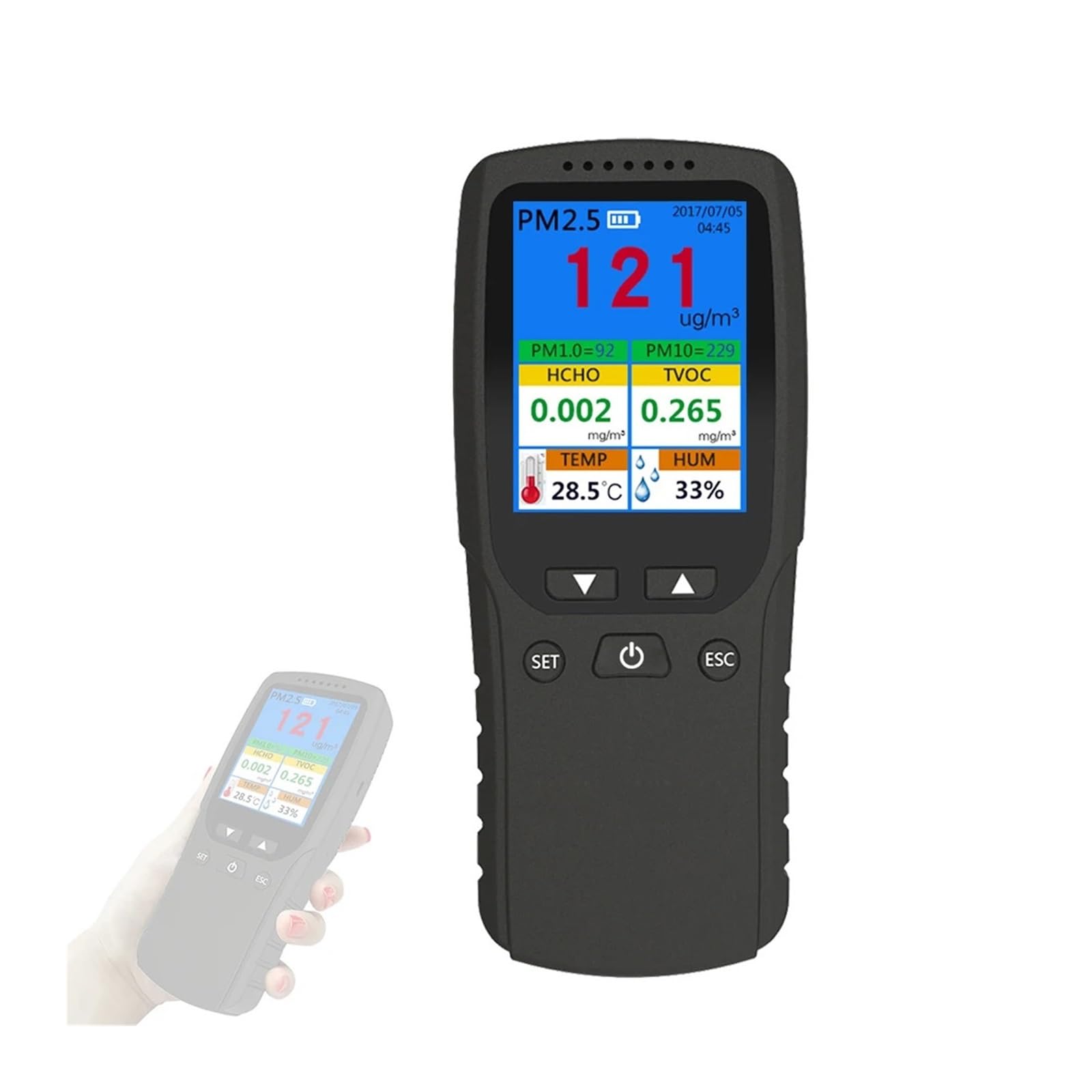 Detector portátil de PM2.5 for interiores, termohigrómetro multifuncional, detector de aire digital LCD for el hogar, analizador intelinte de calidad del aire Alta sensibilidad, respuesta rápida
