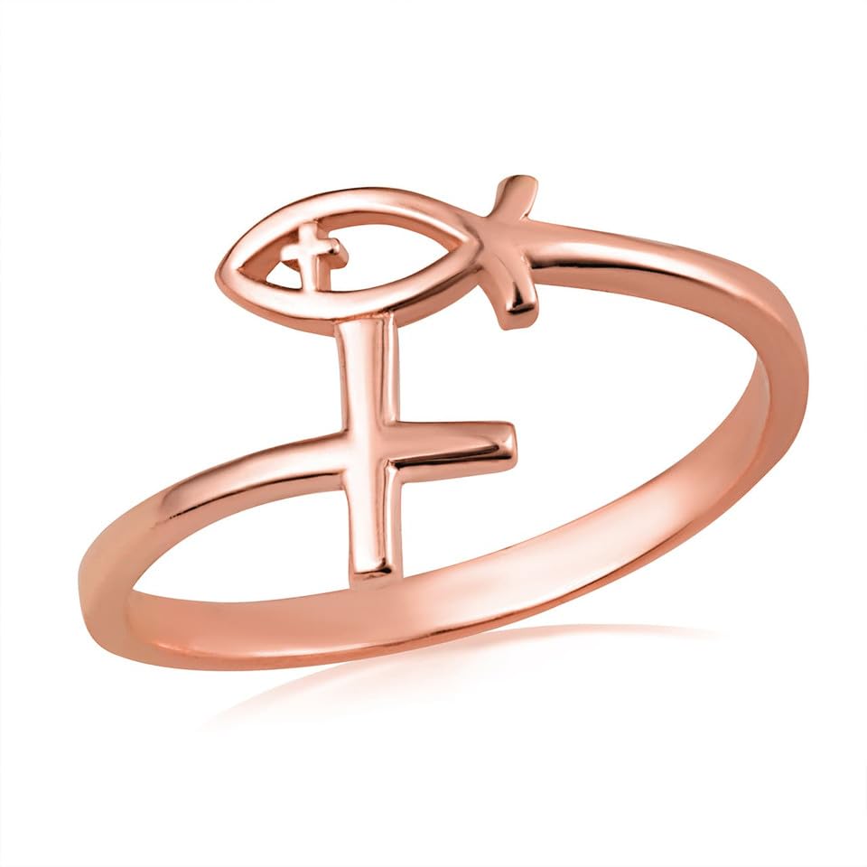 14K Rose Gold Ichthys Fish Cross Wraparound Ring