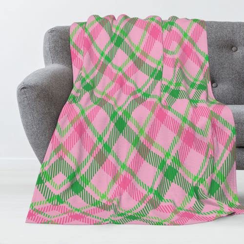 TEMSOOM AKA Sorority Pink-Green Plaid Throw Blanket - 66 X 90 Inches Queen Size Extra Thick Blanket Soft Lightweight Microfiber Blankets for Sofa, Couch, Bed