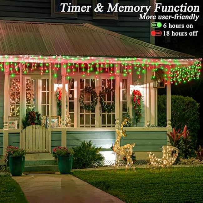 66ft Red and Green Christmas Lights Outdoor, 640 LED Icicle Lights for Outside, Plug in Twinkle Lights Indoor with 8 Modes Timer Waterproof for House Yard Eave Patio Wedding Party Holiday Decoration
