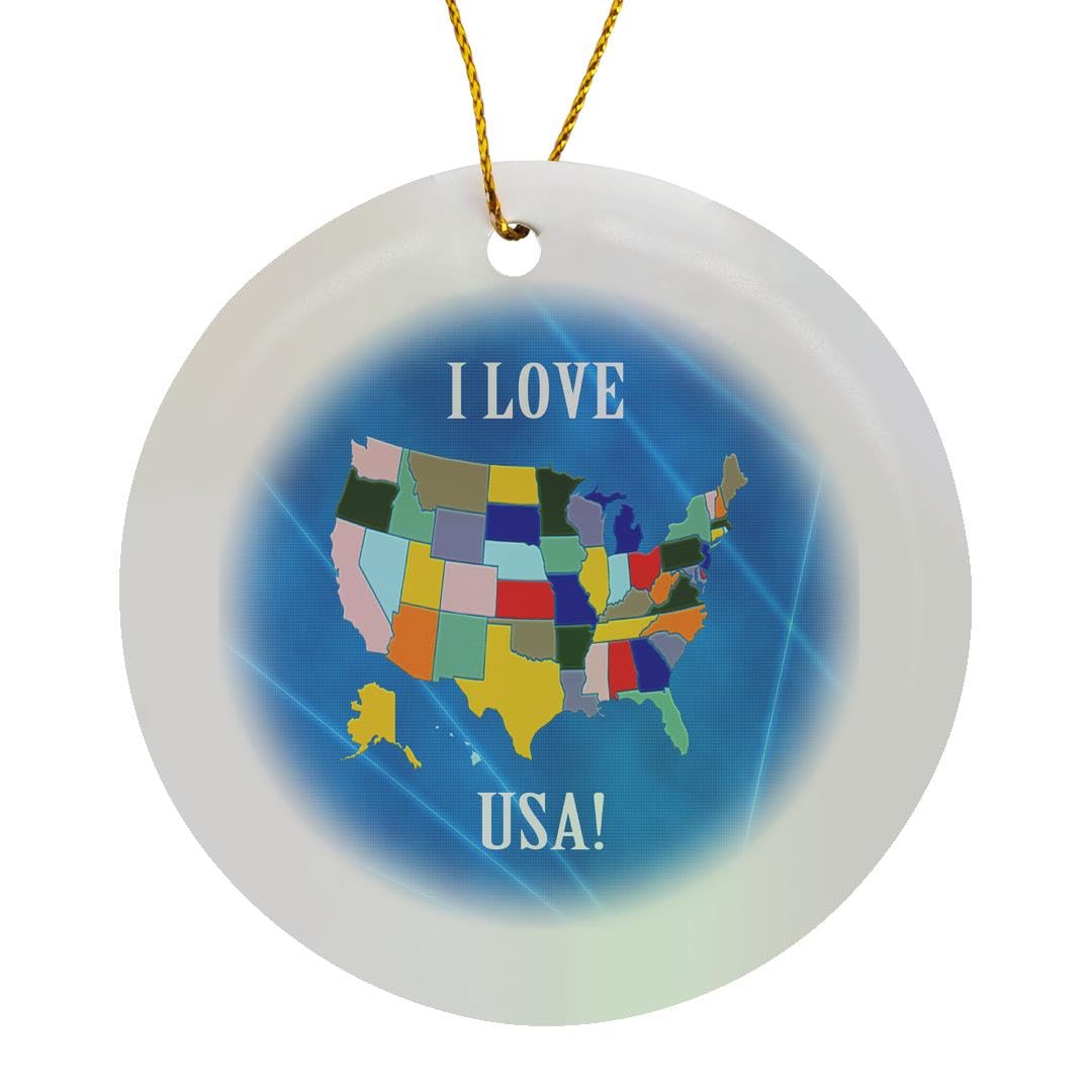 Circle Porcelain Ornament - I Love USA, Colorful United States Map on Blue I Love