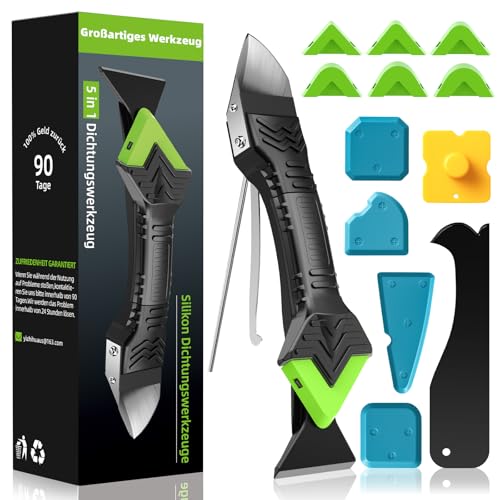 Silikonentferner, Silikon Abzieher Werkzeug Set 5 in 1 Fugenkratzer 6 Auswechselbar Silikonpads Dichtungsdüsen ​für Küche Bad Boden Spüle Fenster Abdichtung