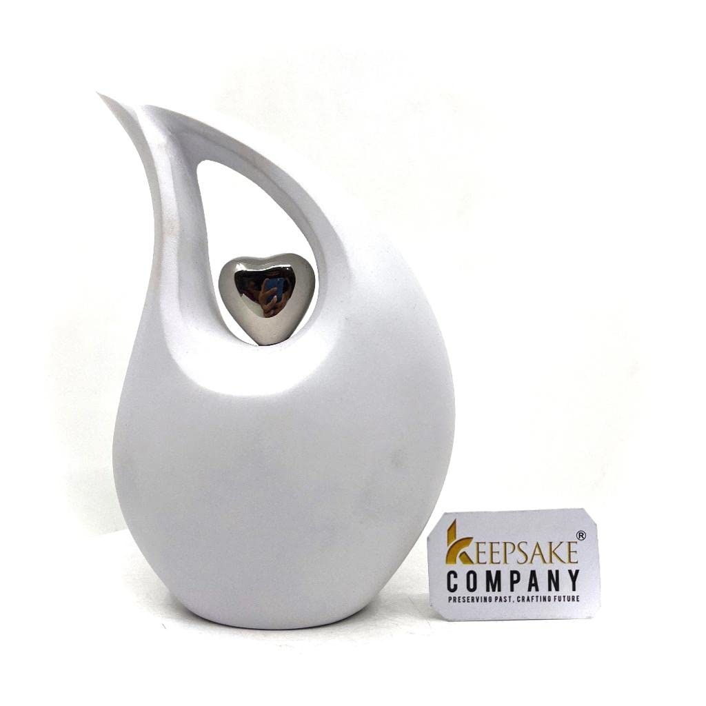 Urnas Medianas con Forma de lágrima Blanca para Cenizas humanas con corazón Plateado (6 Pulgadas de Altura) -Urna para Mascotas pequeñas, Blanco Mate