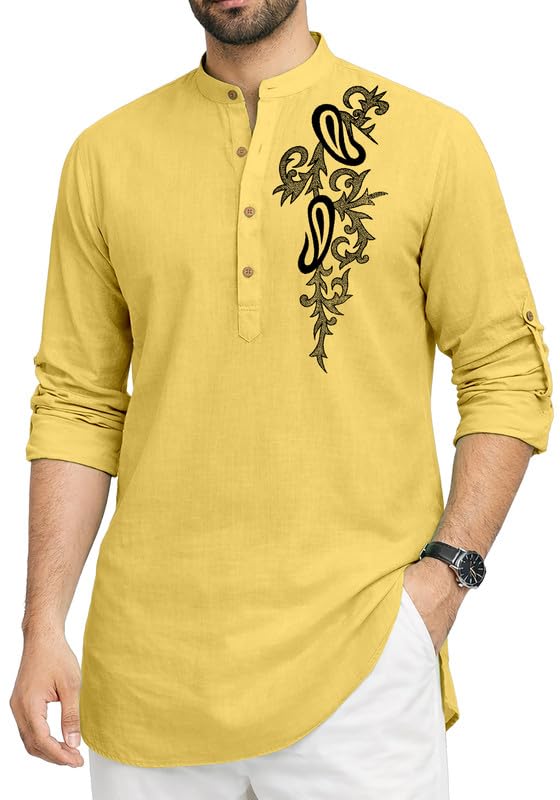 Image of Cotton Blend Self Design Printed Casual Short Kurta for Men Long Sleeve Mandarin Collar Stylish Kurta Shirt for Men