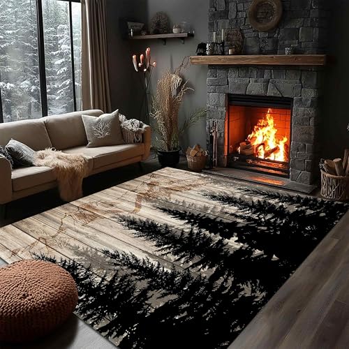 Mountain Forest Area Rug, 2x3ft Rustic Cabin Lodge Mountain Wood
