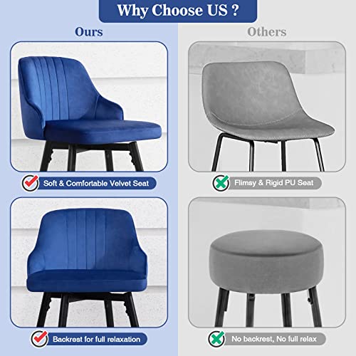 25" Swivel Counter Height Bar Stools Set Of 2, Velvet Bar Stool With Low Back And Footrest, Modern Armless Kitchen Counter Barstools, Upholstered Island Stools, Easy Assembly, 2 Bar Chairs,Blue #TOP4