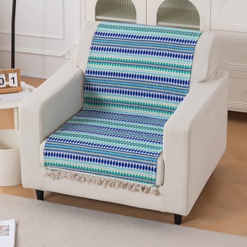 Image of HOKIPO 'Artisan Boho Series' 450 GSM Sofa Cover with Tassels | Multicolor Cotton Acrylic Jacquard Slipcover for 1 Seater Sofa, Size 152x60 cm, Royal Blue (IN-907-A2)