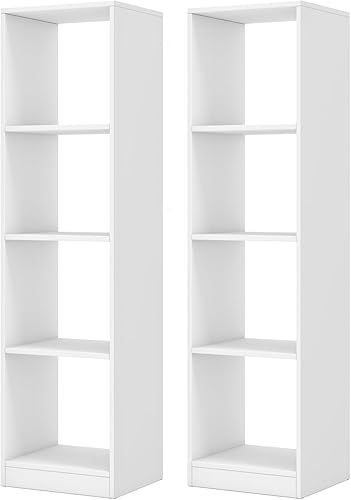 Miniatura 10 de IFANNY Estantería blanca, estante vertical con 4 cubos, estante de exhibición moderno, estantes de almacenamiento de madera para dormitorio, sala de
