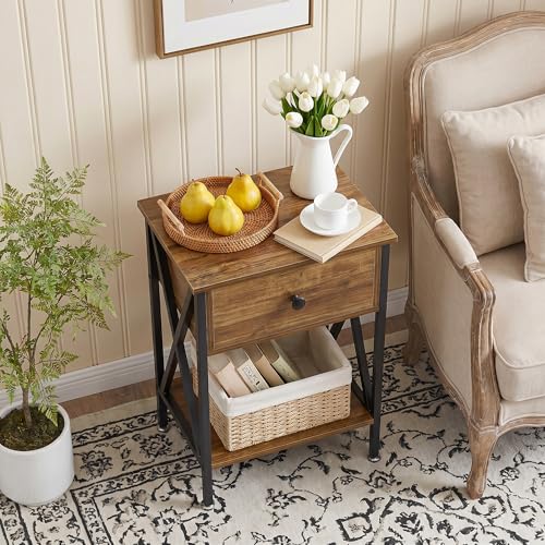 VECELO Nightstands Set of 2, Modern Bedside End Tables, Night Stands with Drawer and Storage Shelf for Living Room Bedroom, Industrial Metal Frame
