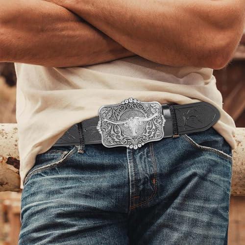 Image of UTOWO Rodeo Western-Longhorn-Bull Cowboy-Belt for Women-Men Bull-Floral-Embossed PU-Leather Cowgirl Waist Belt for Jeans