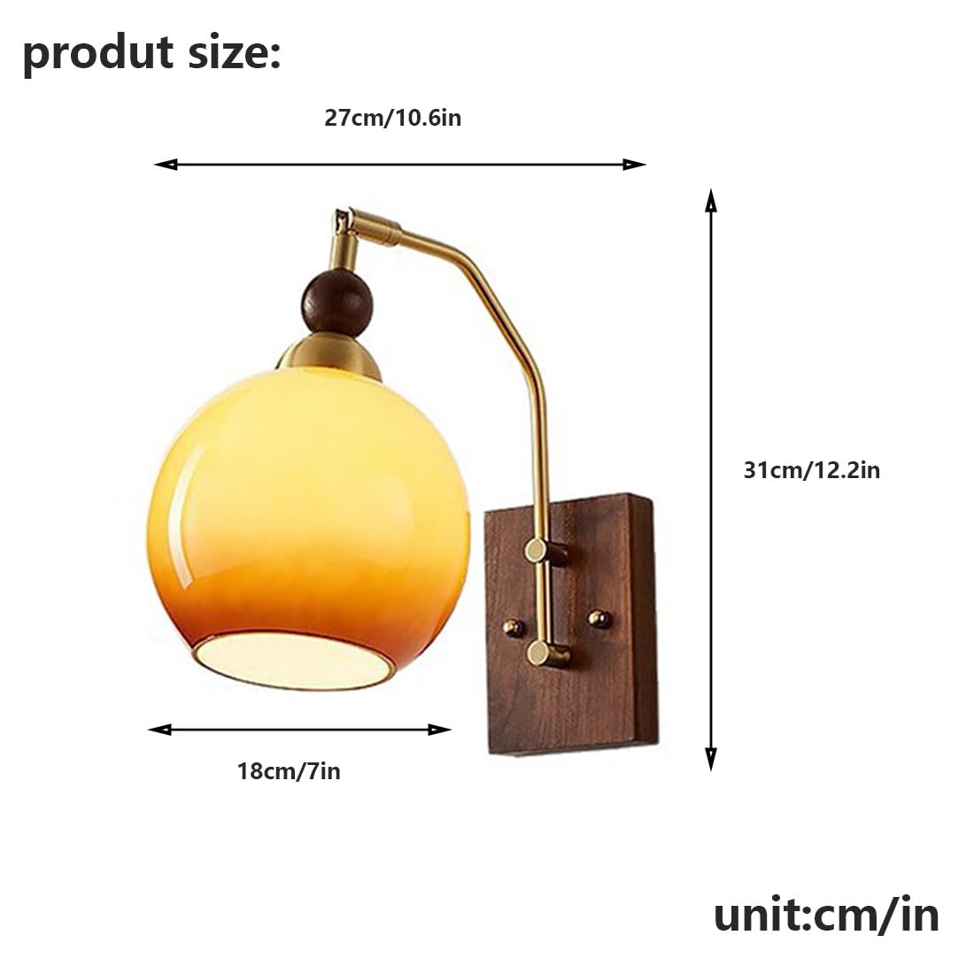 Applique da parete in stile industriale per interni, interamente in rame, con paralume in vetro e base in noce. Illuminazione moderna nordica per soggiorno, camera da letto, comodino, veranda e ingre