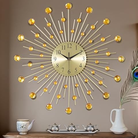 Lafocuse 23 Inch Silent Metal Bling Crystal Sunburst Wall Clock Gold Battery Operated, Large Mordern Art Deco Starburst Mid Century Wall Clock for Living Room Kitchen Office Cover