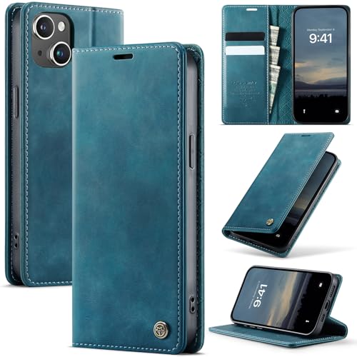 Image of Cracedily Wallet Case for iPhone 13 Mini Leather Wallet Flip Cover with Card Holder, Kickstand, Magnetic Closure, RFID Blocking TPU Shockproof Phone Case Compatible with iPhone 13 Mini, Blue-Green