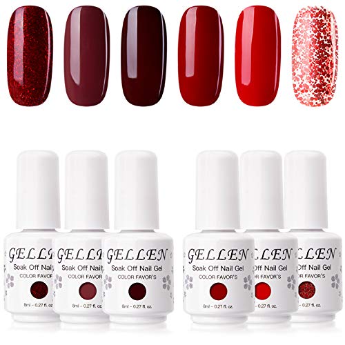 Gellen Gel Nail Polish Kit - Wine and Reds Series Dark Elegance Tone, Pigmented Charimg Nail Art Gel 6 Colors Home Gel Manicure Set