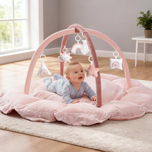 Image of 5-in-1 Thick & Plush Baby Play Gym, Baby Play Mats for Floor, Tummy Time Mat with 6 Toys, Convertible Stage-Based Developmental from Babies to Toddlers, Ball Pit, Pink