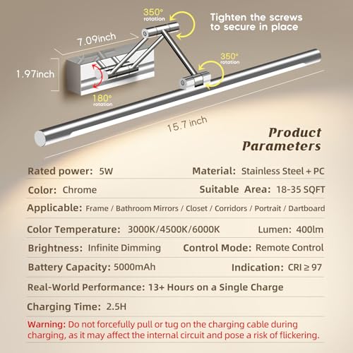 Image of Silvery Picture Light Natural Light Spectrum CRI 97+ with Remote Control, 16 Inches, Battery Operated, 3000-6000K, Cordless Art Wall Sconce