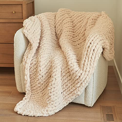 BIRCHIO Beige Extra Soft Chunky Knit Blanket Throw, 100% Hand Knit with Chenille Yarn, Super Fluffy...