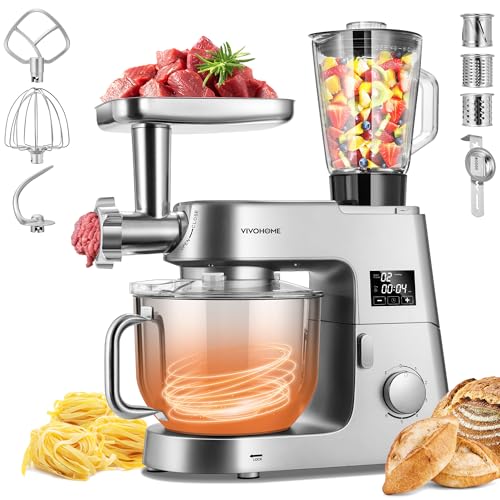 VIVOHOME 9 in 1 Multifunctional Stand Mixer with Fermentation, 6 Speed 7.5 Quart Kitchen Electric Food Mixer with Timer, Meat Grinder, Juice Blender, Vegetable Slicer, Pasta and Cookie Maker, Silver
