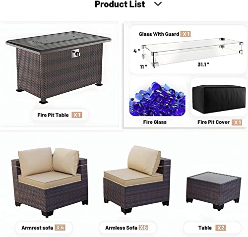 Kullavik 13 Pieces Outdoor Patio Furniture Set With 43" 55000Btu Gas Propane Fire Pit Table Pe Wicker Rattan Sectional Sofa Patio Conversation Sets,Sand #TOP4