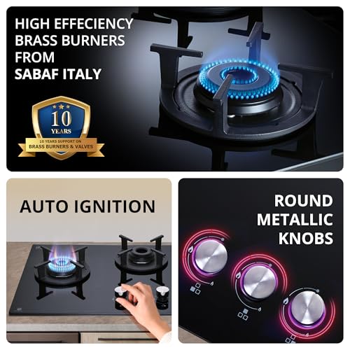 Image of Elica 75cm 3 Burner Auto Ignition Hob | RG FLEXI 375 LOTUS IND HD Brass | SABAF Brass Burners | Built-in & Freestanding | Toughened Black Glass | 10-Year Burner & 5-Year Glass Warranty