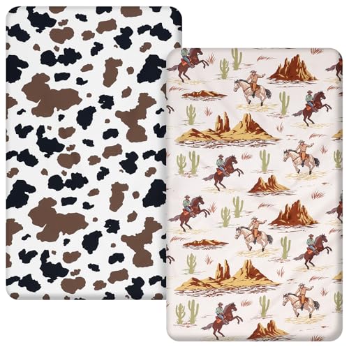 Mindsoft 2 Pcs Western Cowboy Crib Sheet Set 24 in. x 38 in Mini Portable Crib Sheet Newborn Bedding Nursery Baby Sheets for Girl Boys Baby Gifts Breathable Only for Pack and Play