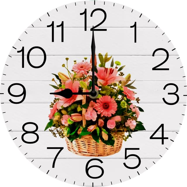 Boylee 10 Inch Plants Flowers Wood Wall Clock, Small Vintage Kitchen Clocks Decorative, Rustic Battery Operated Wall Clocks for Living Room Bedroom