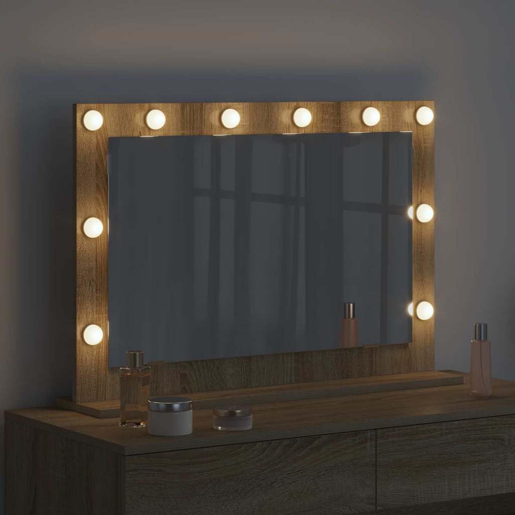 Lustro umywalkowe LED z ciepłym białym światłem, prostokątne, dąb Sonoma, 80 x 55 x 18 cm, fornirowane drewno i szkło, do łazienki, sypialni, korytarza, energooszczędne, nowoczesne wzornictwo