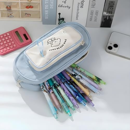 Image of Large Capacity Cute Pencil Case - Multi-Layer Stationery Organizer with Handle, Mesh Pockets & Pen Slots - Portable Storage Pouch for School, Office & Art Supplies (Beige Puppy)
