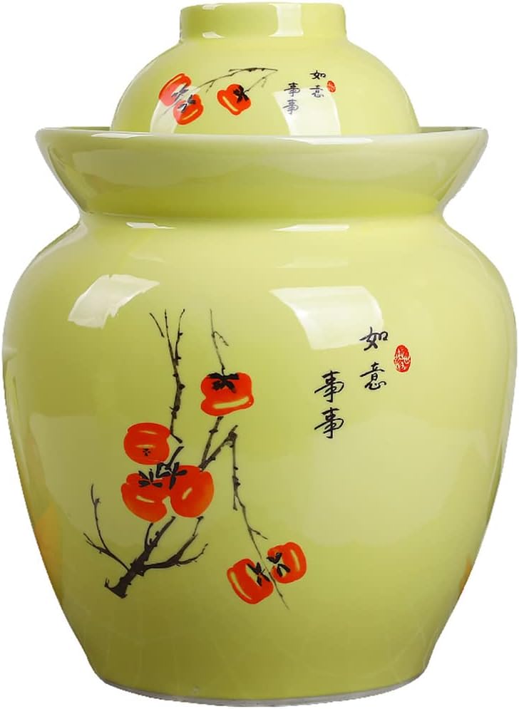 Yellow Traditional Chinese Porcelain Pickle Jar, Ceramic Fermentation Crock Pickling Pot,Fermenting Jar with Water Seal Airlock Lid Stoneware Fermenter for Kimchi Sa 3.5KG