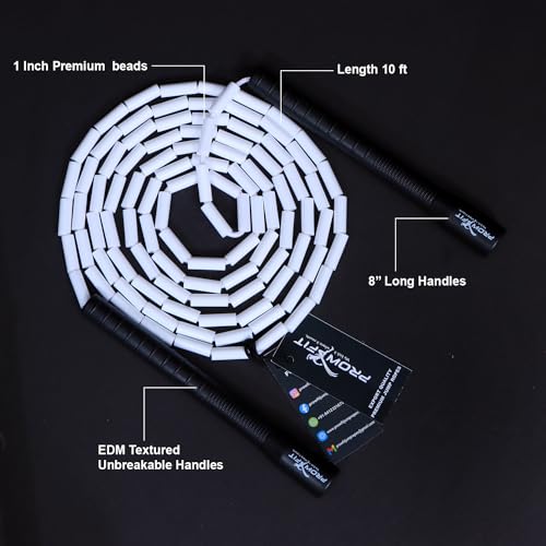 Image of Freestyle Unbreakable Long Handle Soft Shatterproof Beads 1Inch Beaded Jump Rope, Skipping Rope Adult. (10 Ft) (White - Black handle)