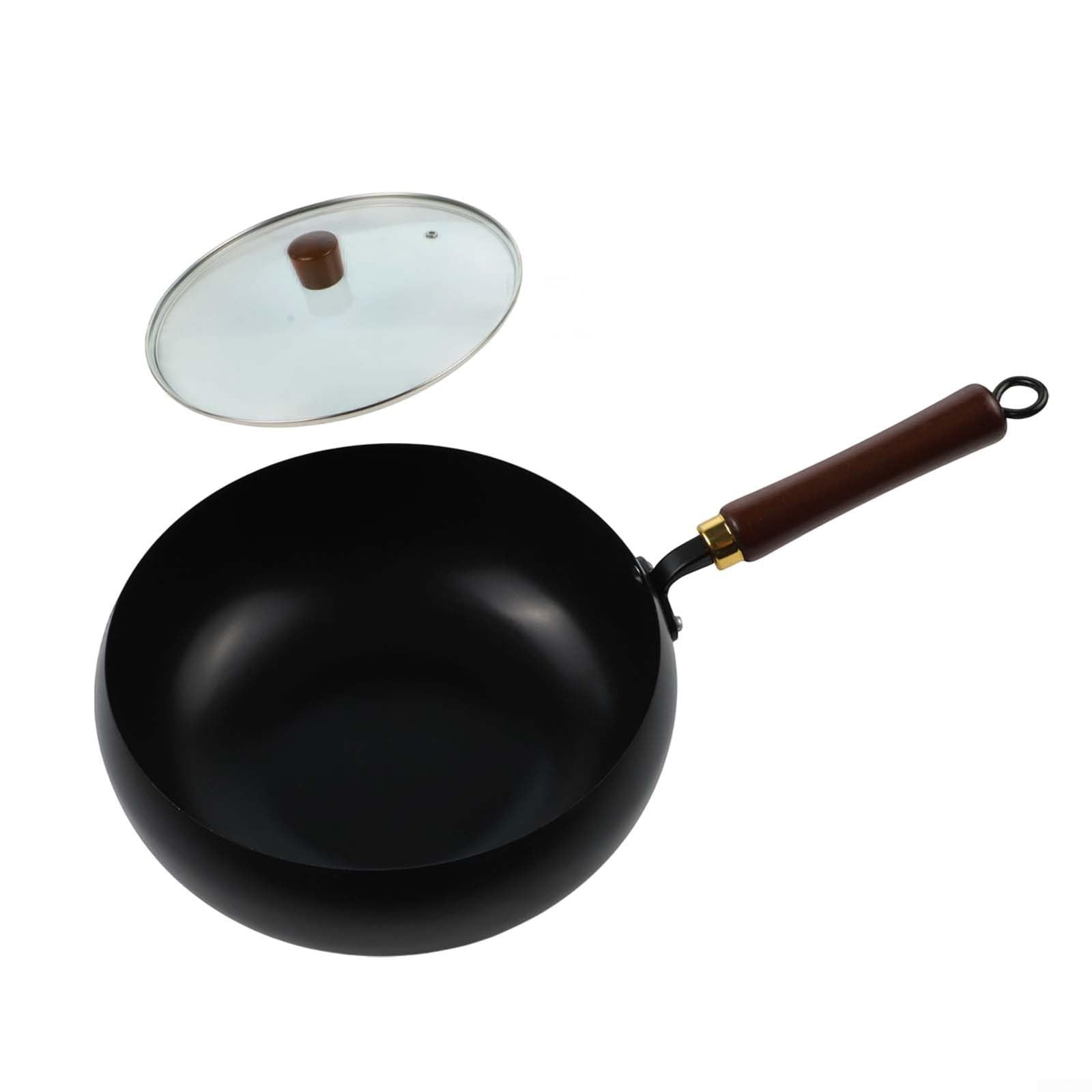 Poêle en fer forgé main 28cm avec couvercle en verre, diffusion de chaleur uniforme